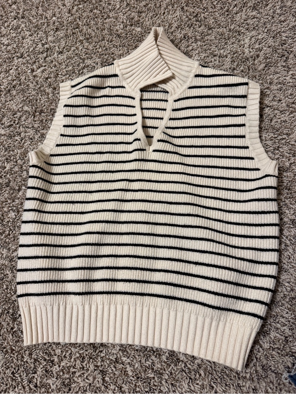 Striped Cream and Black Knit Sleeveless Sweater Vest